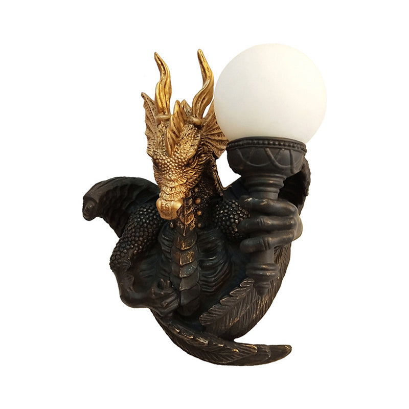 Taavita Cream Glass Black Wall Lamp Globe 1 Bulb Traditional Sconce Light Fixture with Dragon-Shaped Resin Backplate