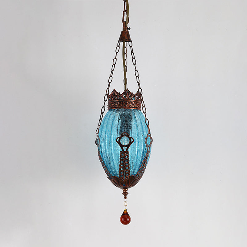 Oval Pendant Light 1 Yellow/Red/Blue Textured Glass Feather Lamp for Dining Room