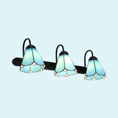 3 Heads Conical Wall Mount Light Tiffany White/Blue Glass Vanity Light Fixture for Bathroom White Clearhalo 'Industrial' 'Middle century wall lights' 'Tiffany wall lights' 'Tiffany' 'Wall Lamps & Sconces' 'Wall Lights' Lighting' 29834