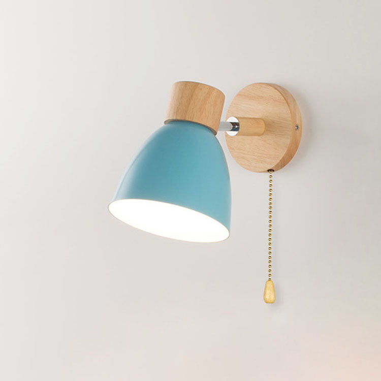 Modern, minimalist, monochrome Macaron iron wall lamp with 1 wooden light