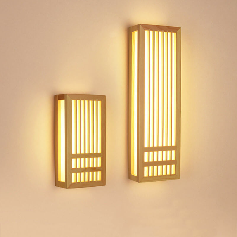 Simple Rectangular 1-Light Wall Lamp in Modern Japanese Style Made of Solid Wood, Beige, LED