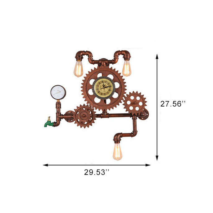 Taavita Vintage Industrial Gear 3-Light Wall Lamp Water Pipe Clock