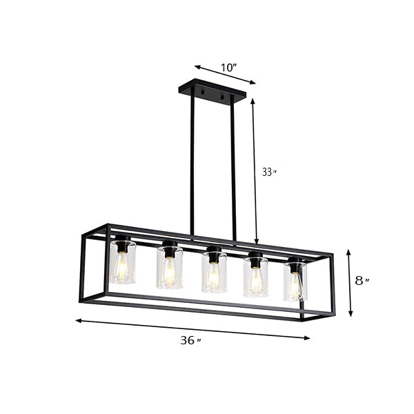 Taavita Clear Glass Pendant Light Industry 3/5 Lights Dining Room Up/Down Island Lamp with Rectangular Frame in Black