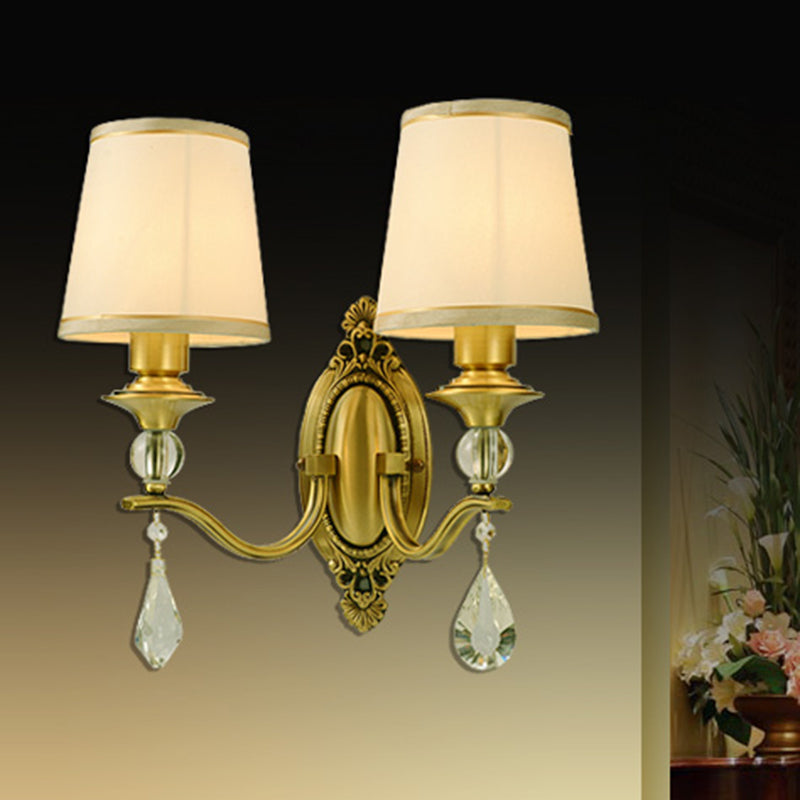 Traditionalism Conical Wall Mount Lamp 1/2 Heads Fabric Wall Sconce Lighting in Gold with Dangling Crystal Clearhalo 'Wall Lamps & Sconces' 'Wall Lights' Lighting' 317222