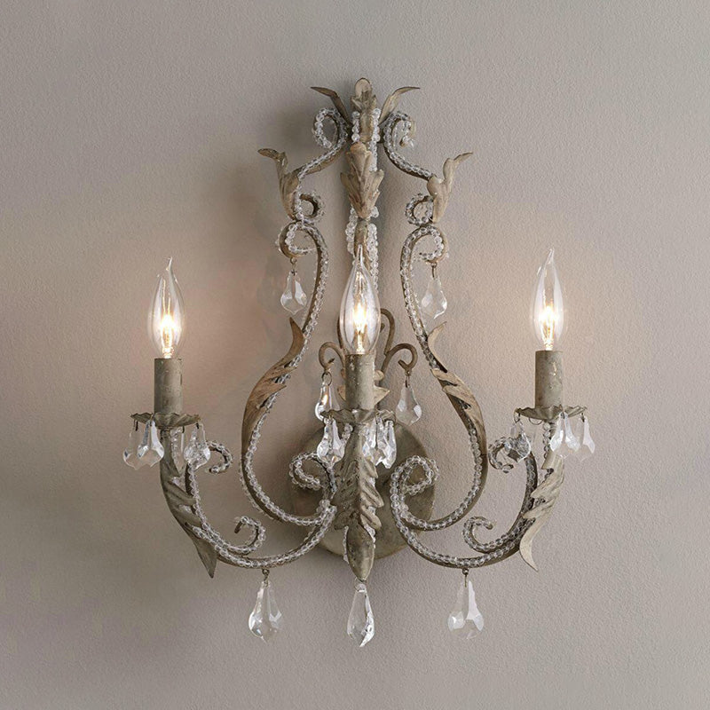 Traditionalism Candlestick Wall Mount Lamp 3 Heads Draped Crystal Wall Sconce Lighting in Grey/Ivory Clearhalo 'Wall Lamps & Sconces' 'Wall Lights' Lighting' 329097