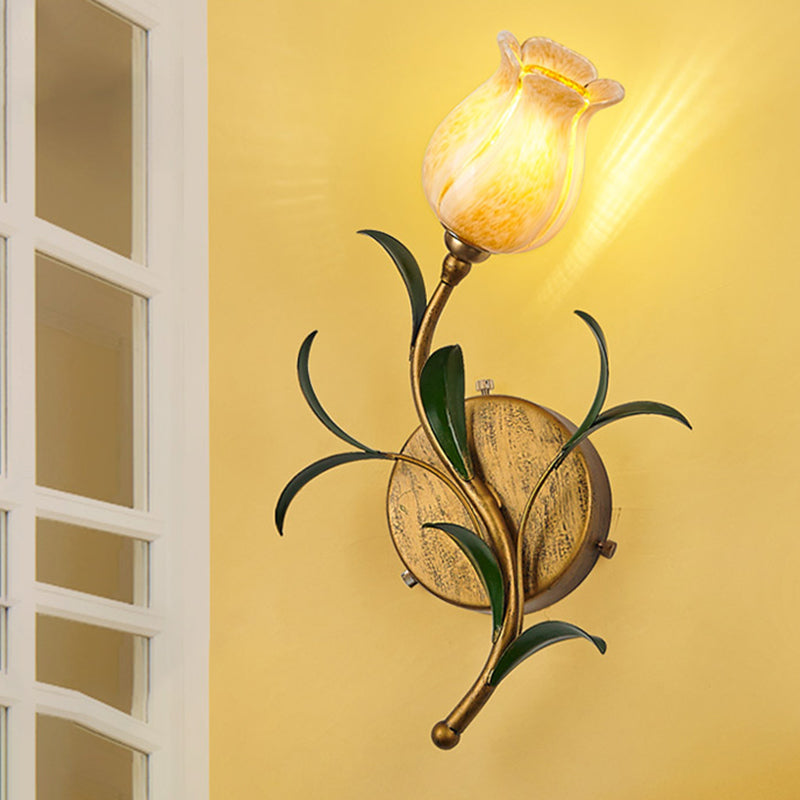 Brass 1 Head Wall Mounted Lamp Rustic White/Yellow Glass Floral Sconce Light for Living Room Clearhalo 'Wall Lamps & Sconces' 'Wall Lights' Lighting' 338068