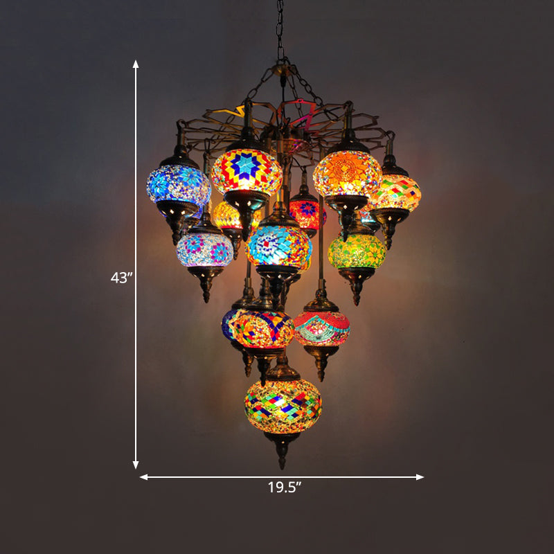 Taavita Oval Pendant Chandelier Vintage Stained Glass 16 Light 4 Tiers Living Room Hanging Light Kit