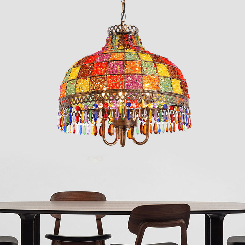 Bohemian Bowl Chandelier Lighting Fixture 3 Heads Metal Ceiling Pendant Light in White/Red/Yellow with Crystal Draping Clearhalo 'Ceiling Lights' 'Chandeliers' Lighting' options 392962