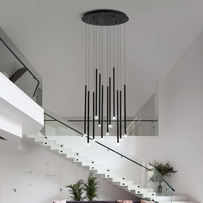 Modernist Slim Tube Pendant Light 8/12 Bulbs Acrylic LED Multi Ceiling Lamp in Black/Gold for Stair Clearhalo 'Ceiling Lights' 'Modern Pendants' 'Modern' 'Pendant Lights' 'Pendants' Lighting' 398903