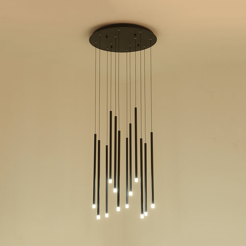 Taavita Slim Tube Pendant Light 8/12 Bulbs Acrylic LED Ceiling Lamp in Black/Gold for Stair