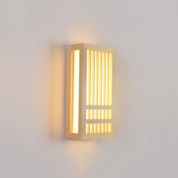 Simple Rectangular 1-Light Wall Lamp in Modern Japanese Style Made of Solid Wood, Beige, LED