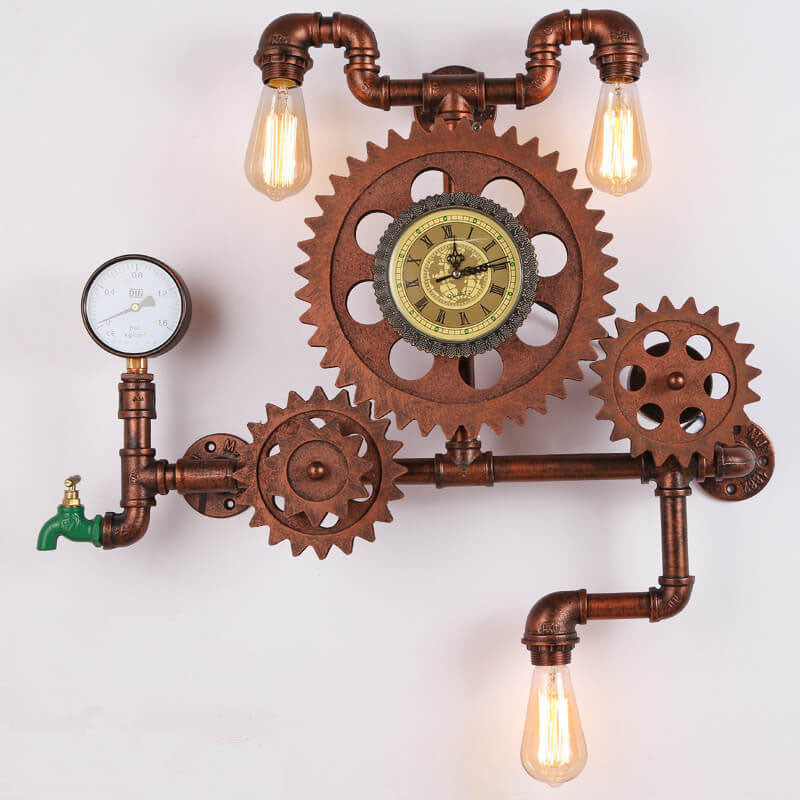 Taavita Vintage Industrial Gear 3-Light Wall Lamp Water Pipe Clock