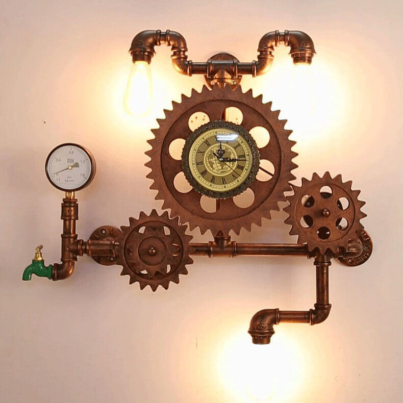 Taavita Vintage Industrial Gear 3-Light Wall Lamp Water Pipe Clock