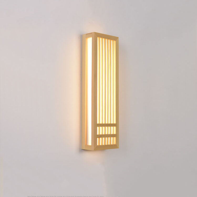 Simple Rectangular 1-Light Wall Lamp in Modern Japanese Style Made of Solid Wood, Beige, LED