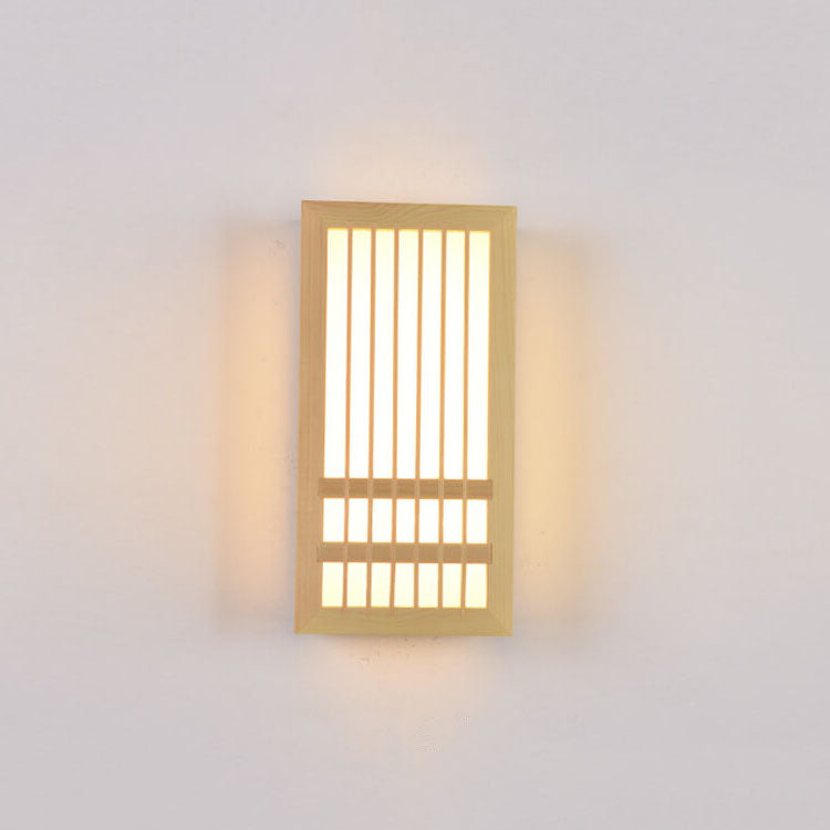 Simple Rectangular 1-Light Wall Lamp in Modern Japanese Style Made of Solid Wood, Beige, LED