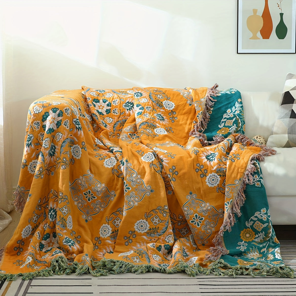 Taavita Vintage Flower Cotton Blanket with Tassels – Sofa Blanket & Nap for Stylish Living