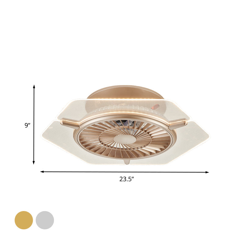 Modern Gold/Silver LED Ceiling Fan Lighting Metal Round/Hexagon Semi Flushmount for Living Room, 23.5" Wide