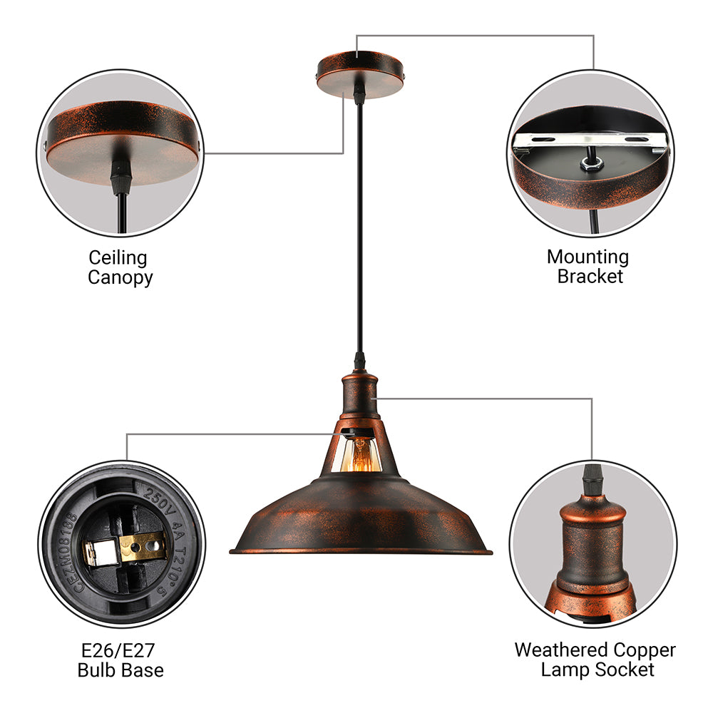 Taavita Metal Rust Industrial Pendant Light Fixture with Barn Shade 1 Bulb Rustic Style Hanging Lamp with Adjustable Cord, 10.5"/12"/15" Width