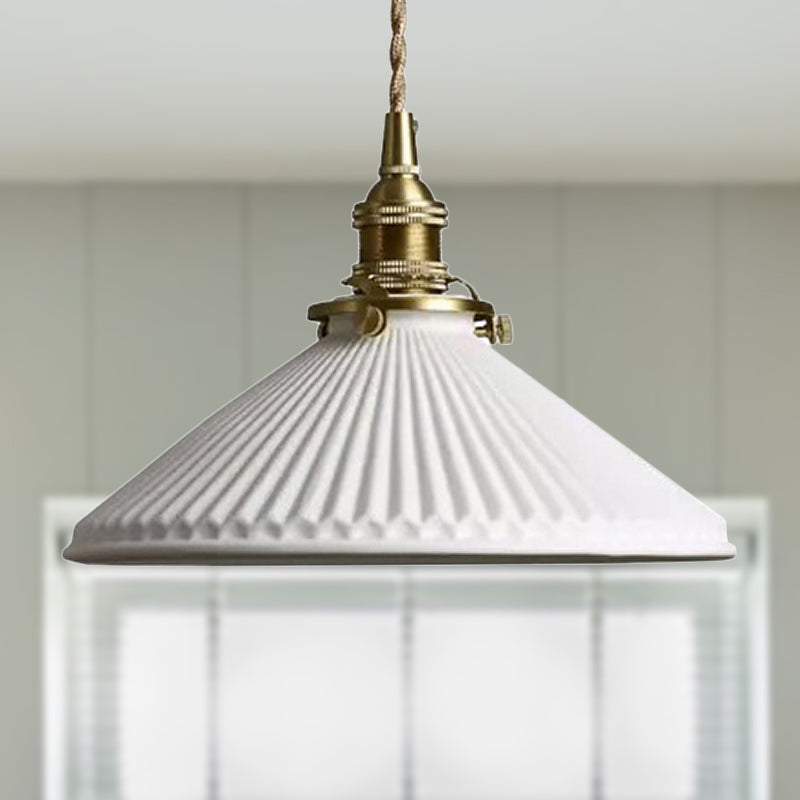 Industrial Style Conical Pendant Light with Ribbed Design - 1 Light Taavita Hanging Lamp in White