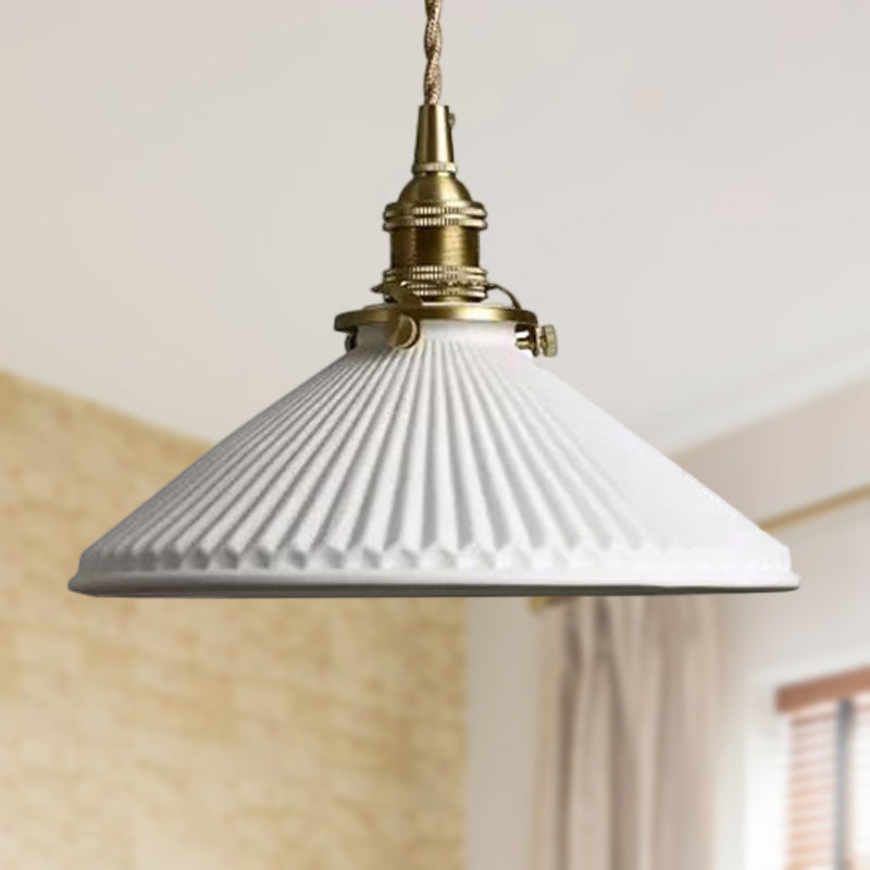 Industrial Style Conical Pendant Light with Ribbed Design - 1 Light Taavita Hanging Lamp in White