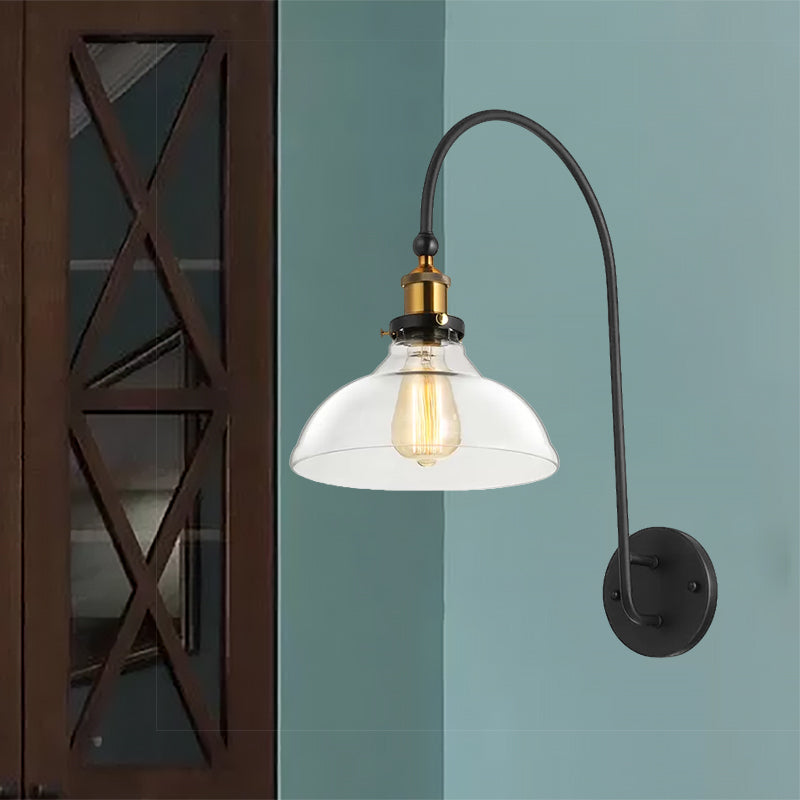 Taavita Lamp - Barn Wall Light - Industrial Antique Brass - Clear Glass Lighting with Swan Neck Arm - LED/Incandescent/Fluorescent Wall Lamp