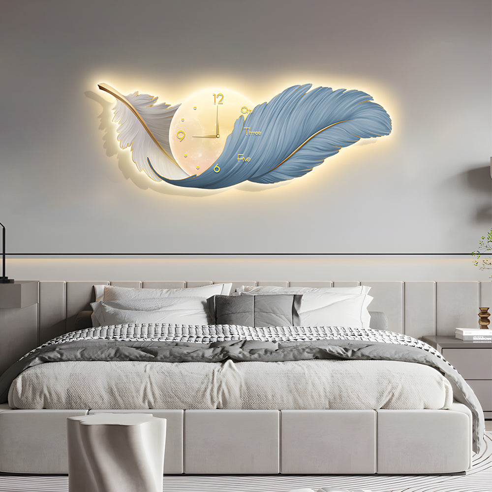 Taavita 2-In-1 Feather Painting Wall Lamp Hanging Decor LED Wall Clock