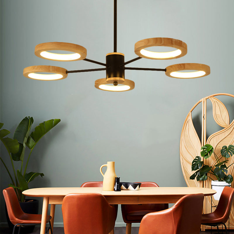 Wood Sputnik Chandelier Pendant Light Modern 3/5/6 Lights Black Led Hanging Ceiling Lamp in Natural Light Clearhalo 'Ceiling Lights' 'Chandeliers' Lighting' options 506464