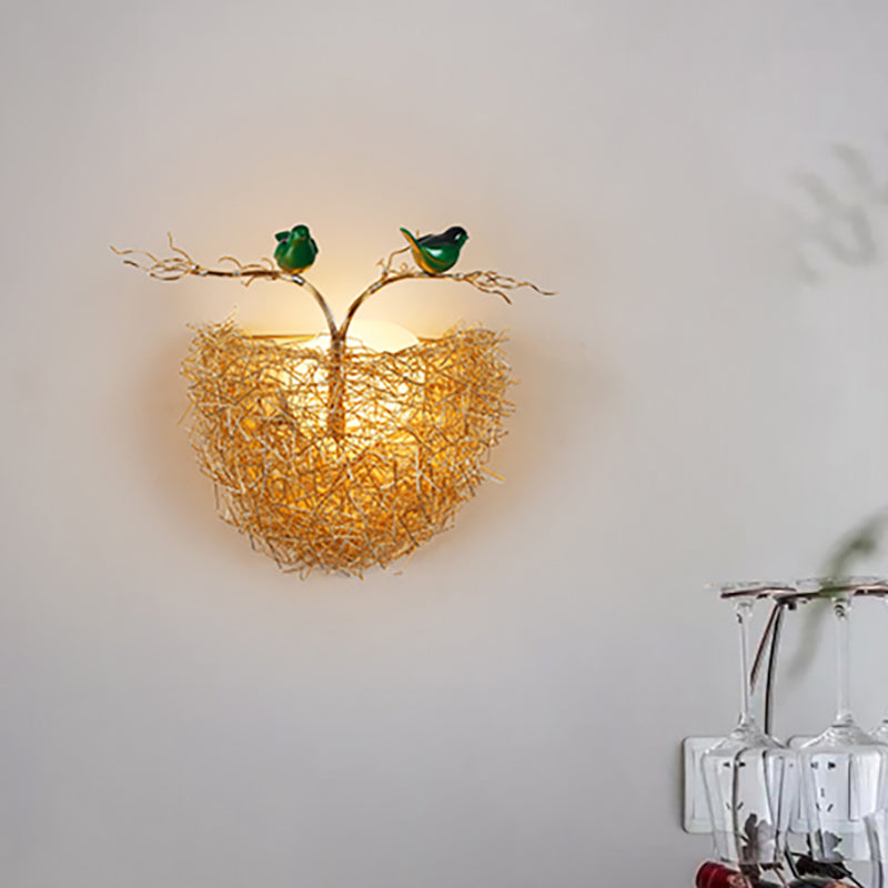 Opal Glass Globe Wall Sconce Light with Bird Nest Design Postmodern 1 Light Gold Wall Lamp, 14"/15" Wide Clearhalo 'Cast Iron' 'Glass' 'Industrial' 'Modern wall lights' 'Modern' 'Tiffany' 'Traditional wall lights' 'Wall Lamps & Sconces' 'Wall Lights' Lighting' 512691