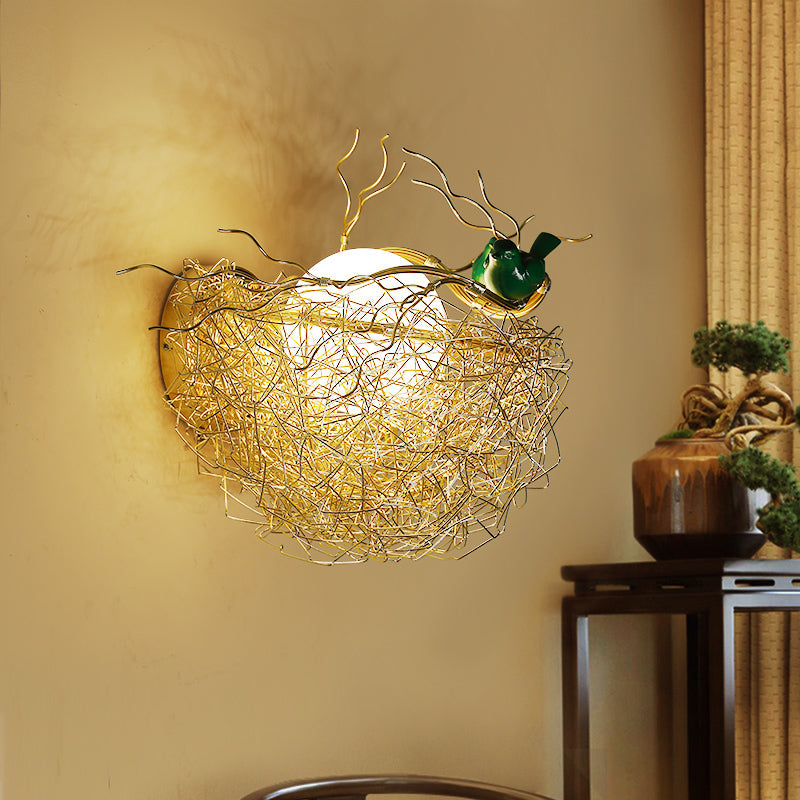 Taavita Globe Wall Light with Bird Nest Design Postmodern 1 Bright Gold Wall Lamp, 15"/14" Wide