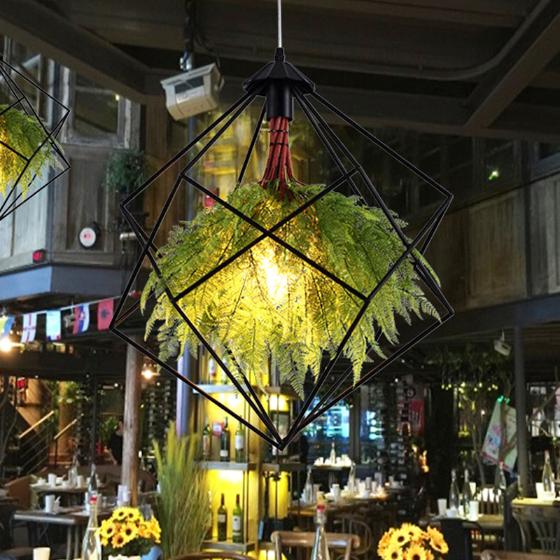 1 Bulb Black Metal Pendant Light Fixture Industrial Geometric Hanging Plant Lamp Kit, 18"/21.5" Wide