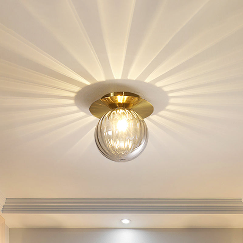 Globe Corridor Flushmount Lighting Smoked Water Glass 1-Head Gold Finish Flush Mount Ceiling Lamp Clearhalo 'Ceiling Lights' 'Close To Ceiling Lights' 'Close to ceiling' 'Flush mount' Lighting' 520646