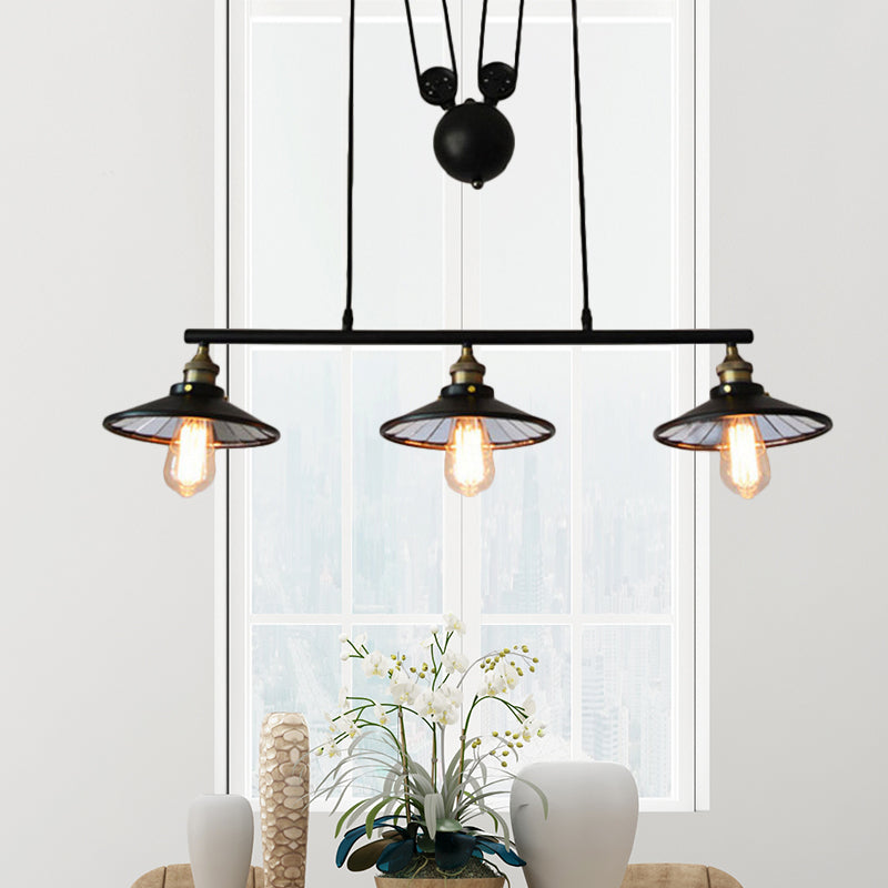 Taavita Industrial Flared Island Pendant Light Iron 3 Bulbs Hanging Lamp Kit with Pulley Design