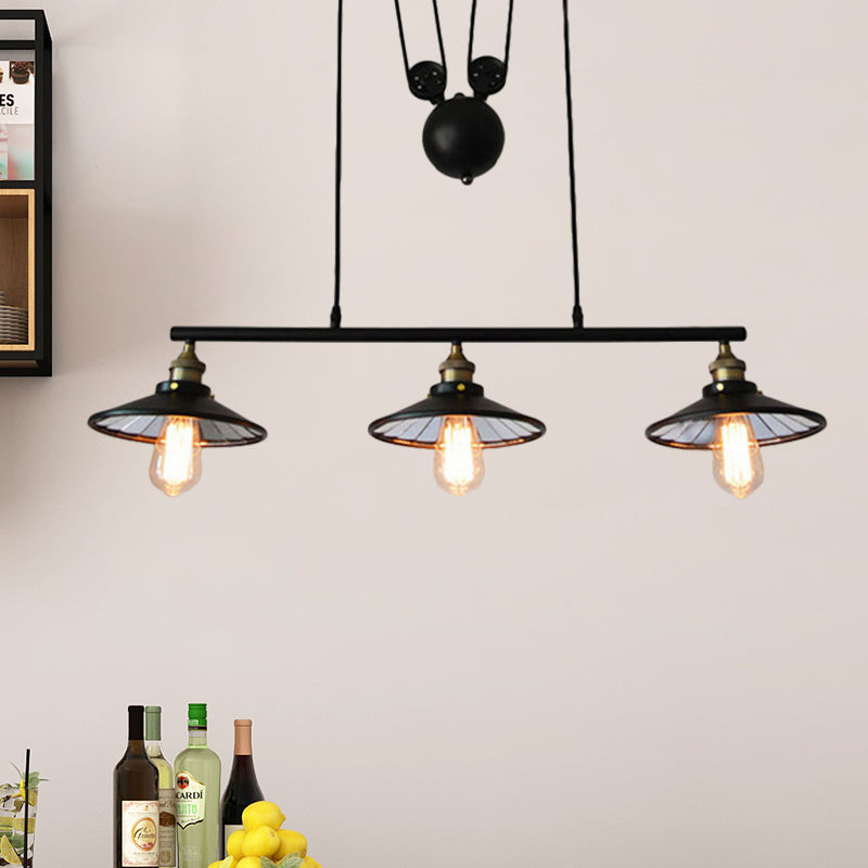 Taavita Industrial Flared Island Pendant Light Iron 3 Bulbs Hanging Lamp Kit with Pulley Design