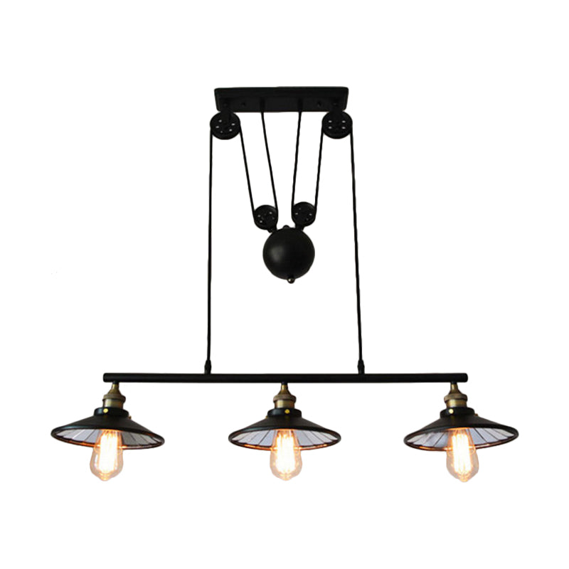 Taavita Industrial Flared Island Pendant Light Iron 3 Bulbs Hanging Lamp Kit with Pulley Design