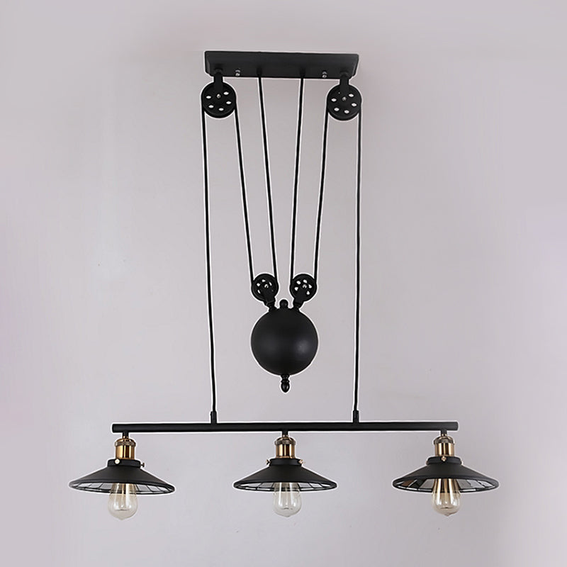 Taavita Industrial Flared Island Pendant Light Iron 3 Bulbs Hanging Lamp Kit with Pulley Design