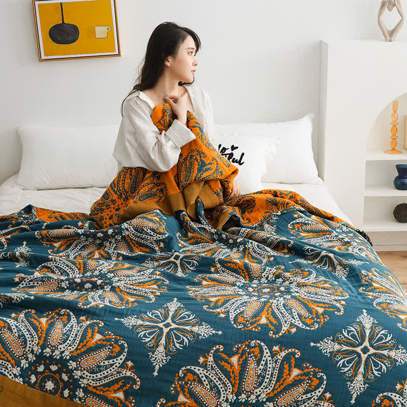 Cotton Gauze Blanket with Floral Design