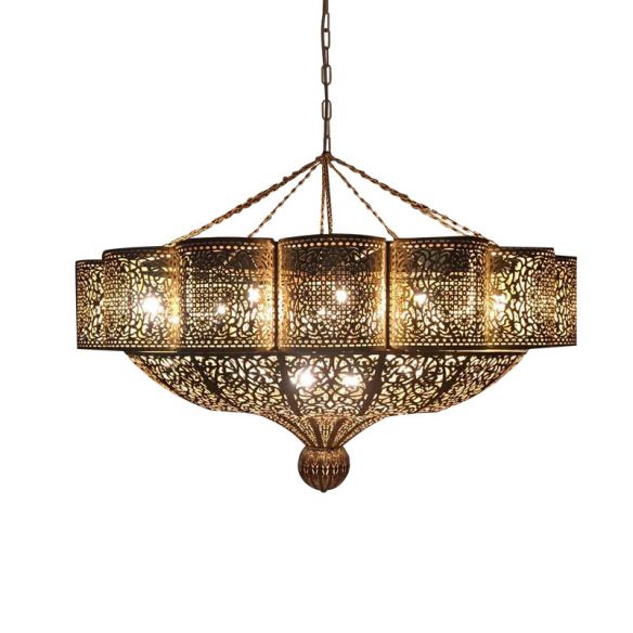 11 Heads Arab Style Pendant Light Kit Taavita Edge Metallic Ceiling Chandelier in Brass with Hollow-Cut Design