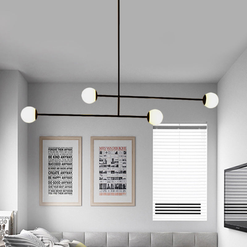 Modern Black Linear Chandelier Light 4 Heads Metal Pendant Lamp with Frosted Glass Ball Shade for Dining Room