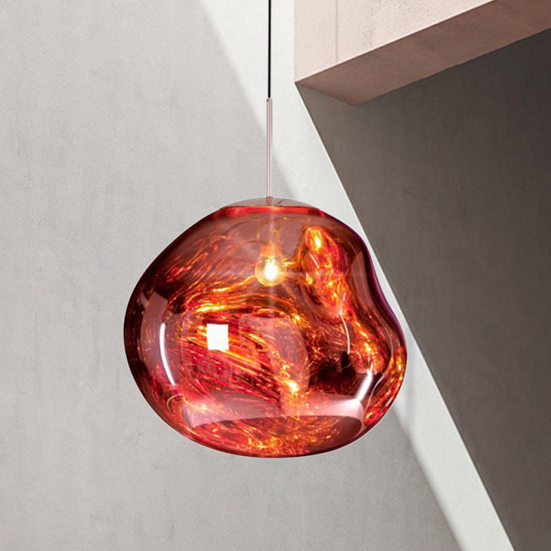 Contemporary Irregular Pendant Lighting Silver/Red Glass 1 Light Dining Room Hanging Lamp, 8"/12" Wide Clearhalo 'Ceiling Lights' 'Glass shade' 'Glass' 'Modern Pendants' 'Modern' 'Pendant Lights' 'Pendants' Lighting' 599741