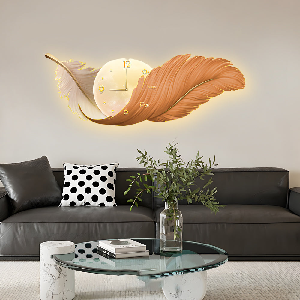 Taavita 2-In-1 Feather Painting Wall Lamp Hanging Decor LED Wall Clock