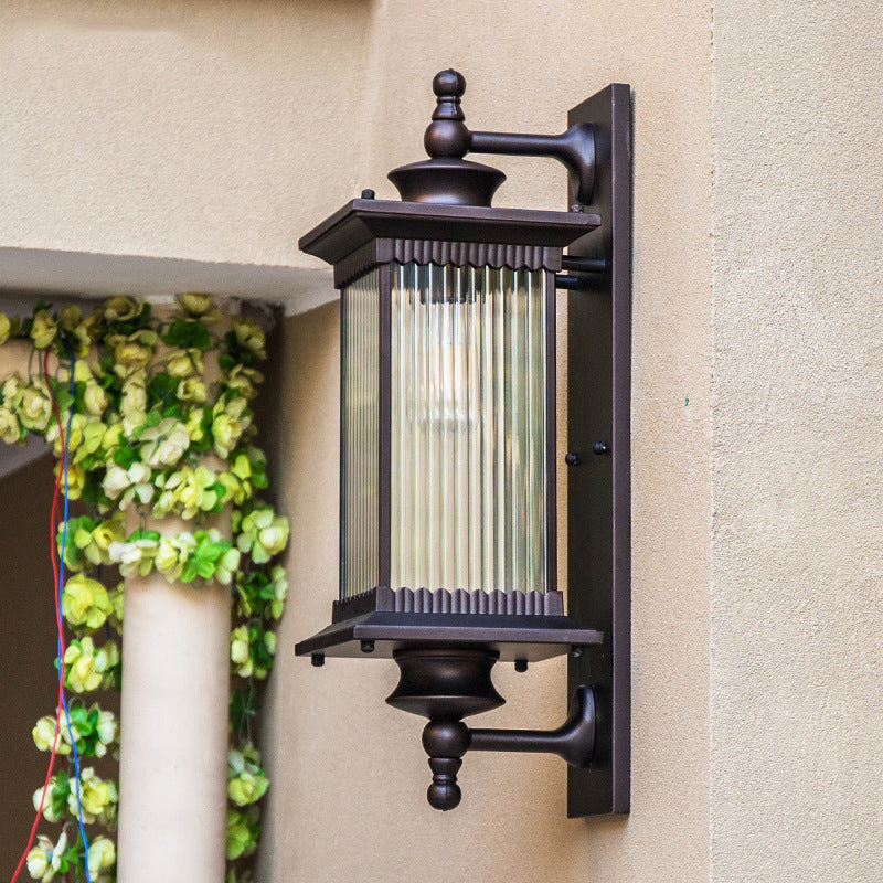 Taavita Outdoor Sconce Light Country Clear Ribbed Glass 1-Head Black/Bronze/Coffee Wall Lamp for Gate - Rustic Design with Shade, Glass Material, Direct Wired Electric, 23" Height, 8" Width, Compatible with LED/Incandescent/Fluorescent Bulbs.