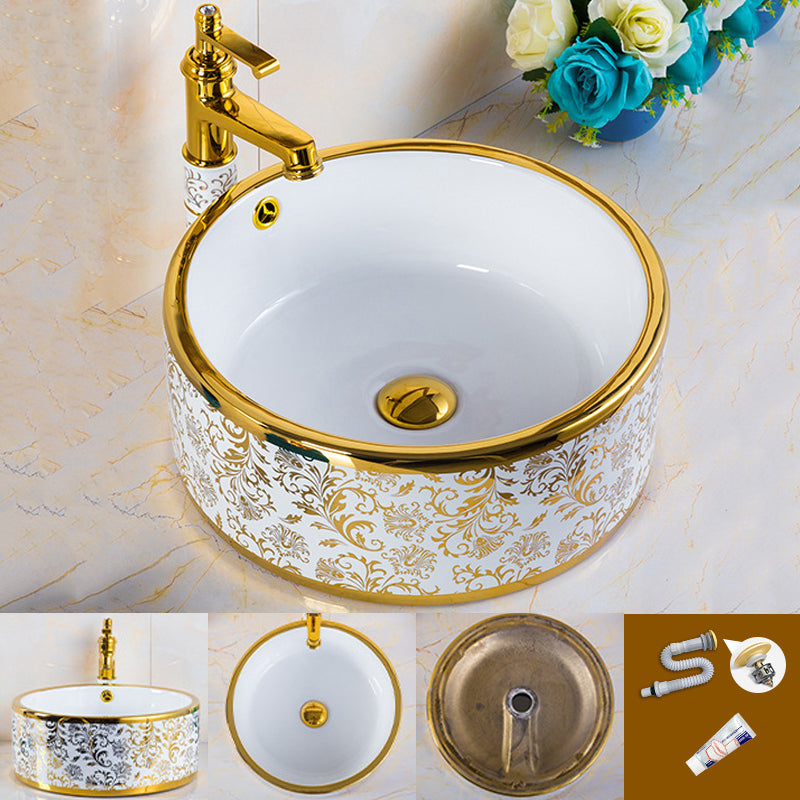 Modern Hand Painted Porcelain Round Bathroom Sink with Overflow and Faucet Wash Stand