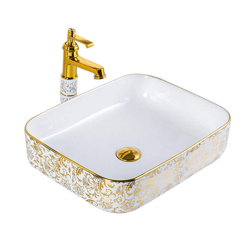 Modern Hand Painted Porcelain Round Bathroom Sink with Overflow and Faucet Wash Stand