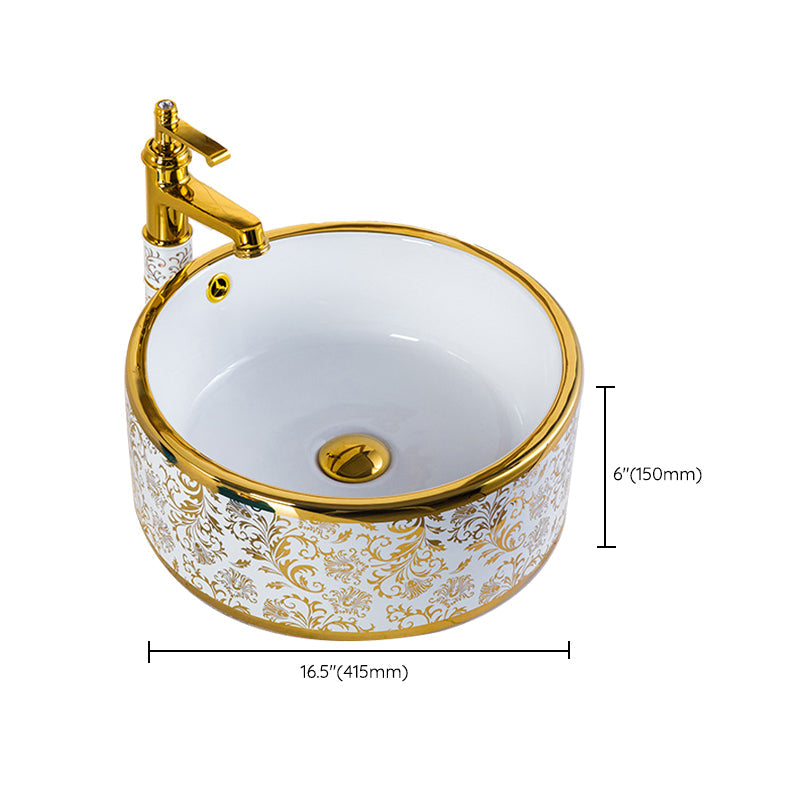 Modern Hand Painted Porcelain Round Bathroom Sink with Overflow and Faucet Wash Stand