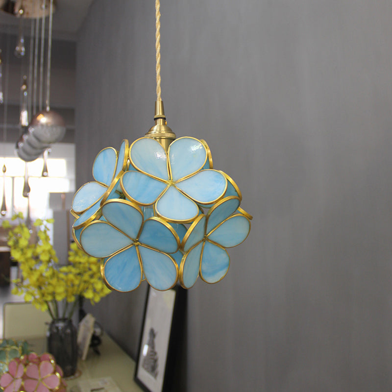 1 Light Flower Hanging Ceiling Light Tiffany Style Blue/Clear/Pink Stainless Glass Suspension Pendant Light Sky Blue Clearhalo 'Ceiling Lights' 'Chandeliers' 'Industrial' 'Middle Century Pendants' 'Pendant Lights' 'Pendants' 'Tiffany close to ceiling' 'Tiffany Pendants' 'Tiffany' Lighting' 63621