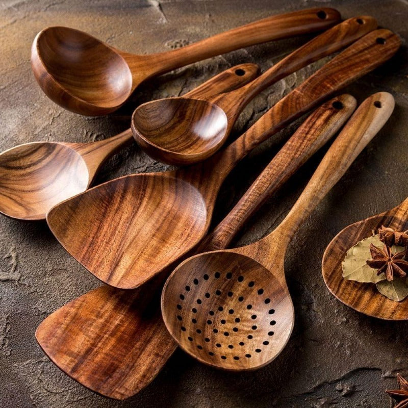 Taavita Teak Kitchen Utensils Collection - Full 7-Piece Set of Wooden Handle Cooking Utensils