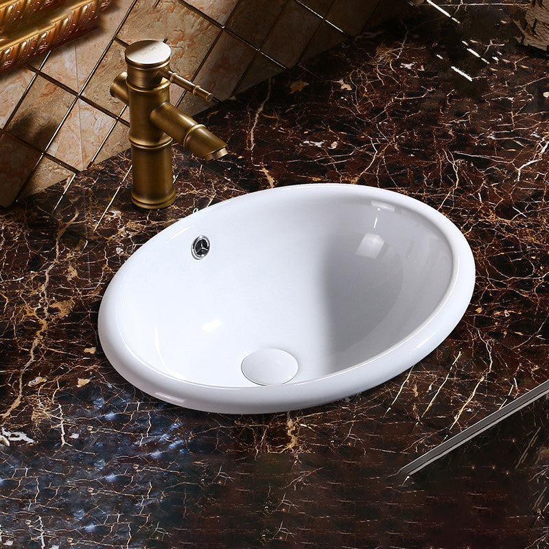 Modern Bathroom Sink in Porcelain, Oval Drop-In Sink with Pop-Up Drain