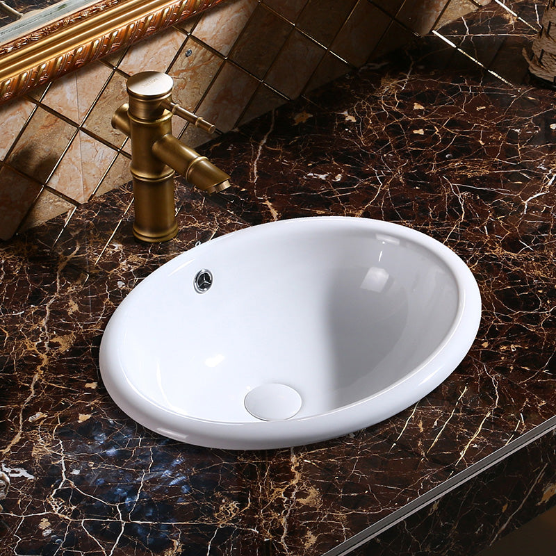 Modern Bathroom Sink in Porcelain, Oval Drop-In Sink with Pop-Up Drain