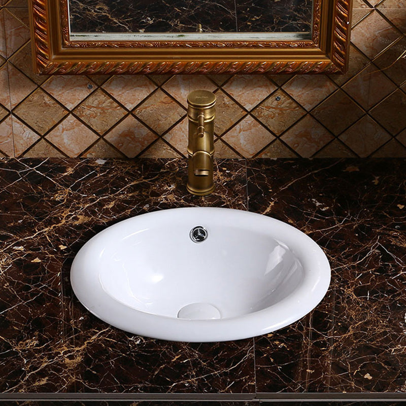 Modern Bathroom Sink in Porcelain, Oval Drop-In Sink with Pop-Up Drain