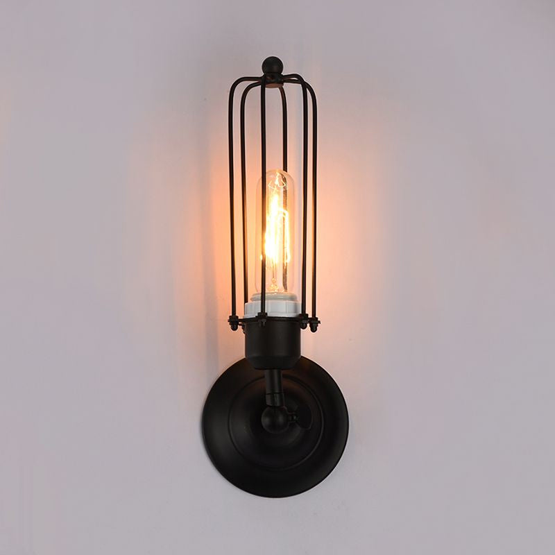 1/2-Bulb Linear Cage Light Industrial Black/Rust Metal Wall Lamp for Living Room by Taavita